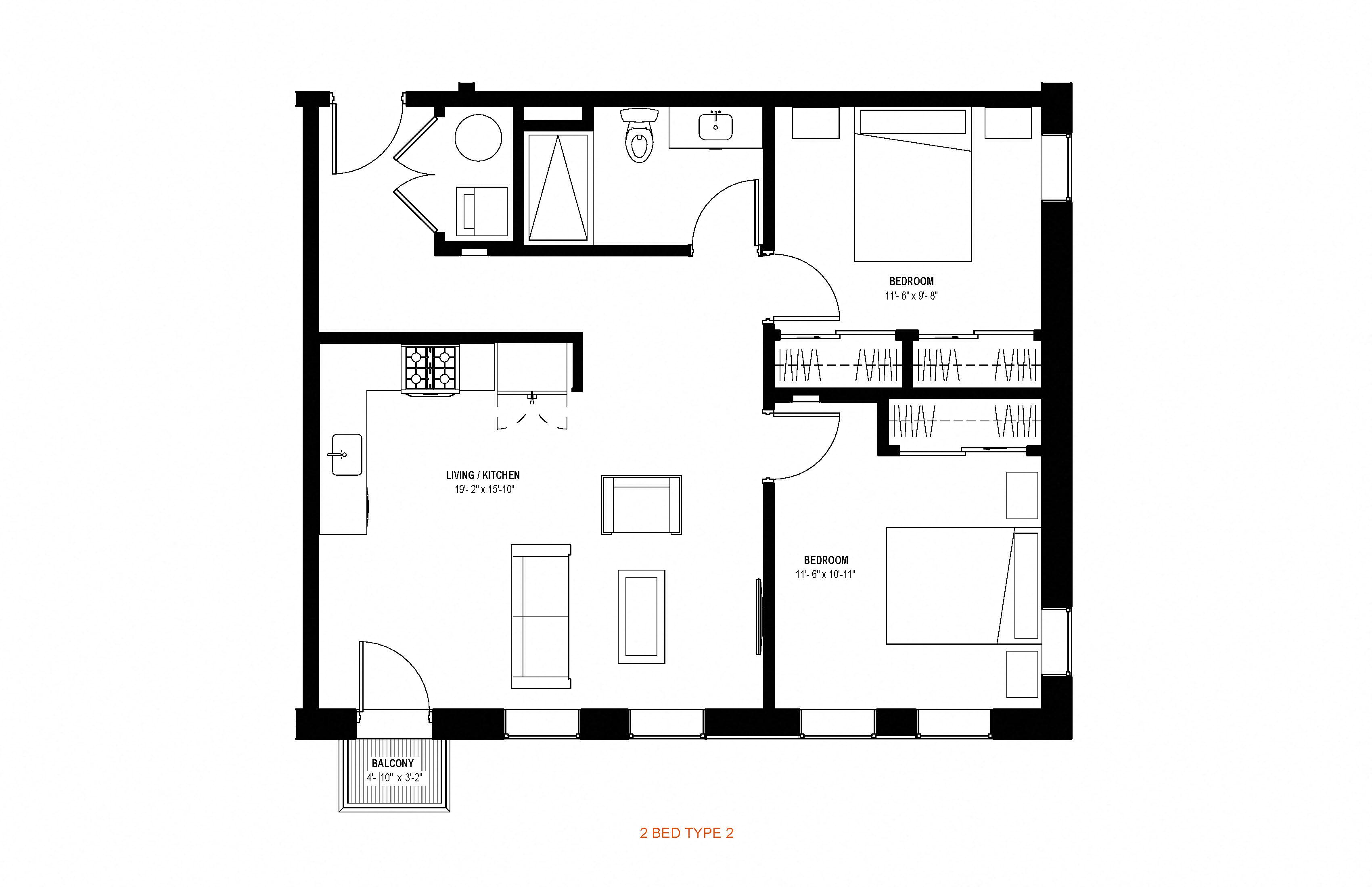 Floor plan for 2 beds, 1 bath, 882 sqft